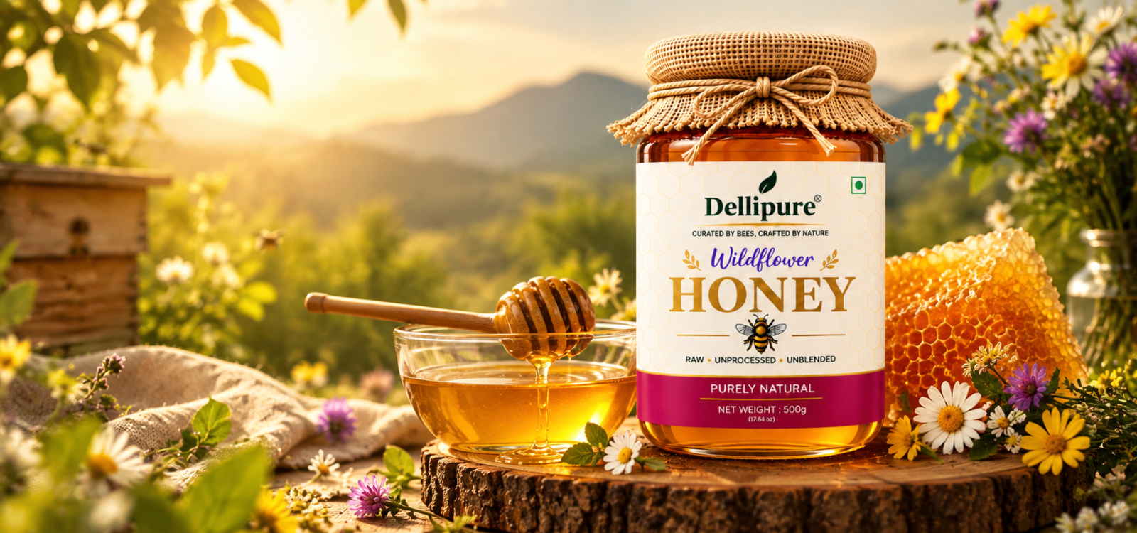 Dellipure raw wildflower honey in a meadow